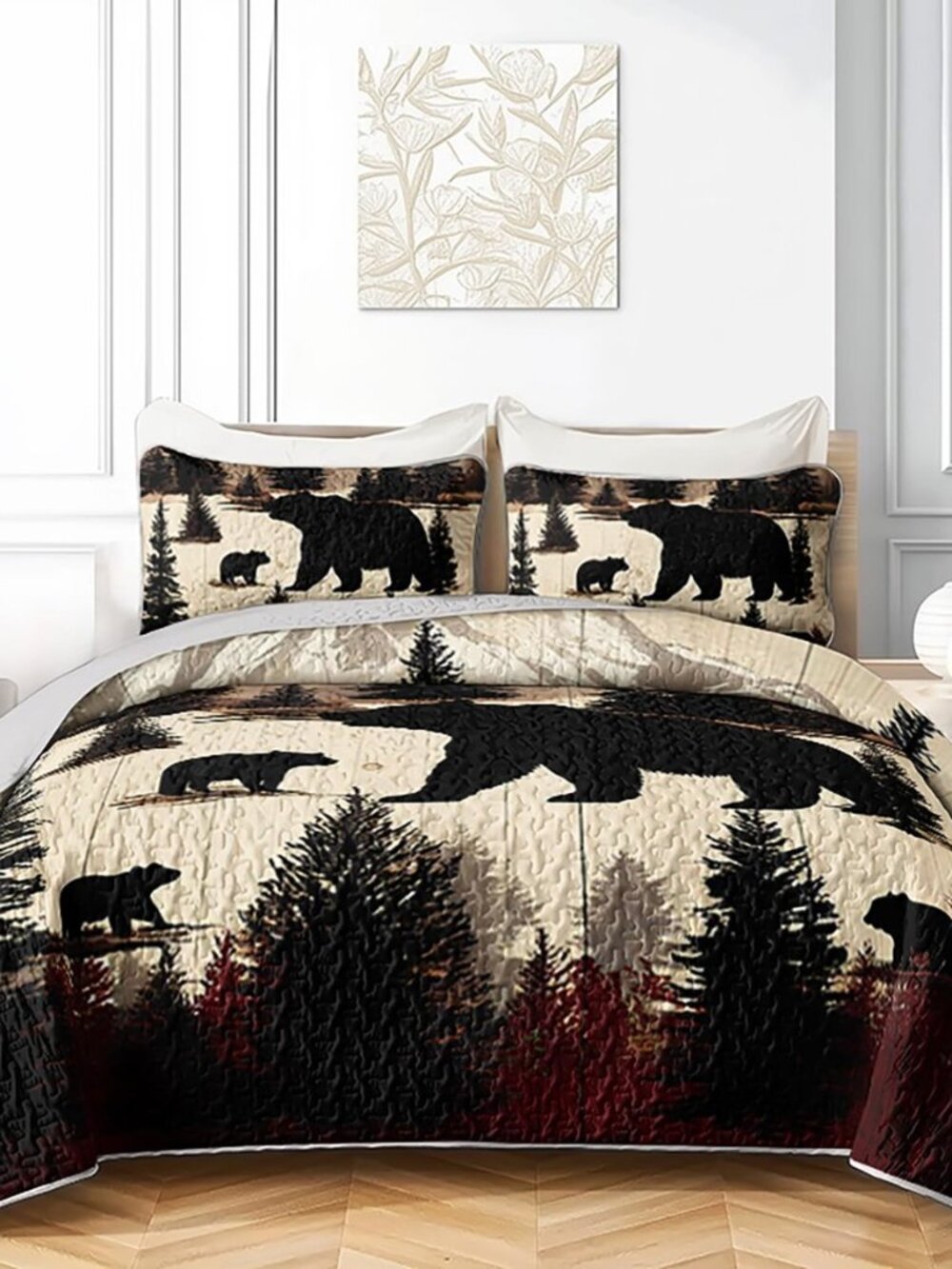 Western Rustic Bears Animal Quilts Bedding King 3Pcs Wildlife Black Bear Forest
